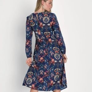I. Madeline Garden Splendor Navy Blue Floral Print Long Sleeve Midi Dress